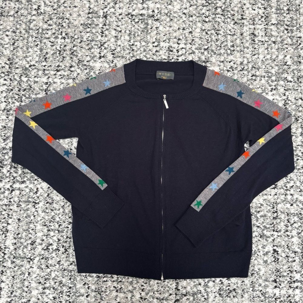 Wyse London Navy Zip Up L/S Cardigan Sweater Neon Stars M/L $295